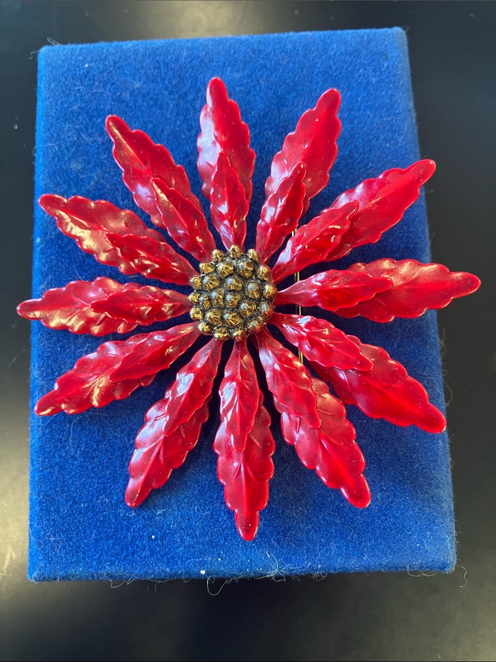 Vintage MCM Red Floral Brooch with Gold Center